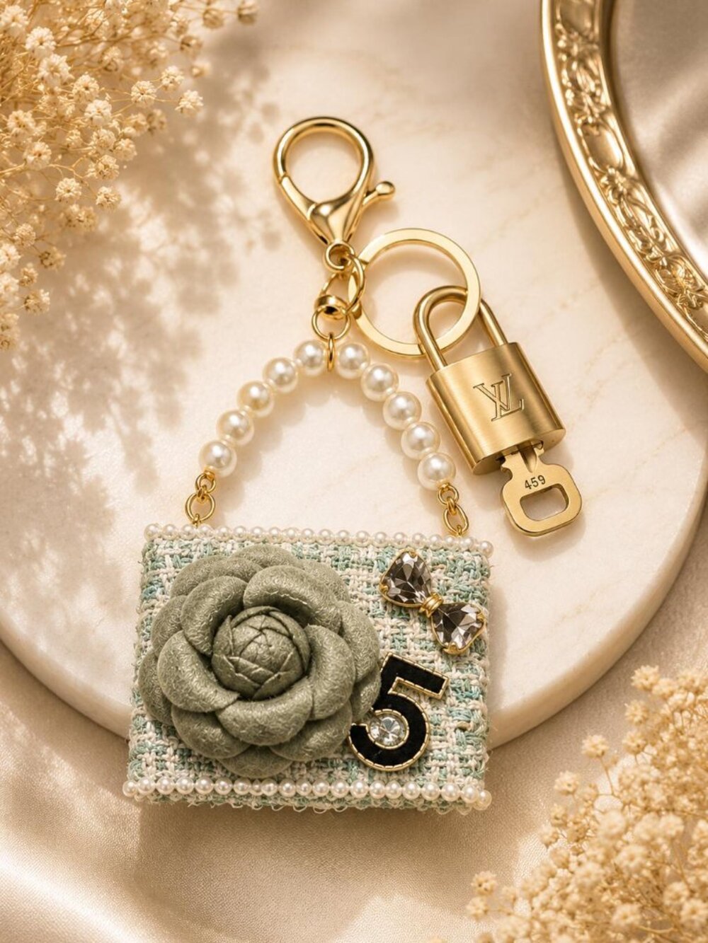 LV Authentic Gold Padlock 🔒 Key Set w/ Unbranded Tweed Bag Keychain Charm